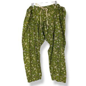 Salwar Pants Floral Green Yellow Drawstring‎ Indian Trousers Tapered Relaxed Fit